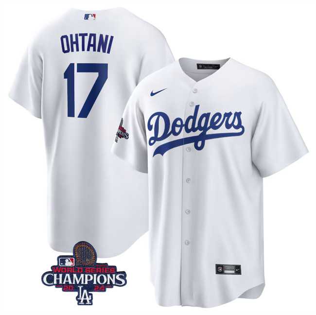 Men%27s Los Angeles Dodgers #17 Shohei Ohtani White 2024 World Series Champions Cool Base Stitched Baseball Jersey